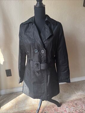 Black Double-Breasted Trench Coat with Textured Waist Belt. No bundles please.
